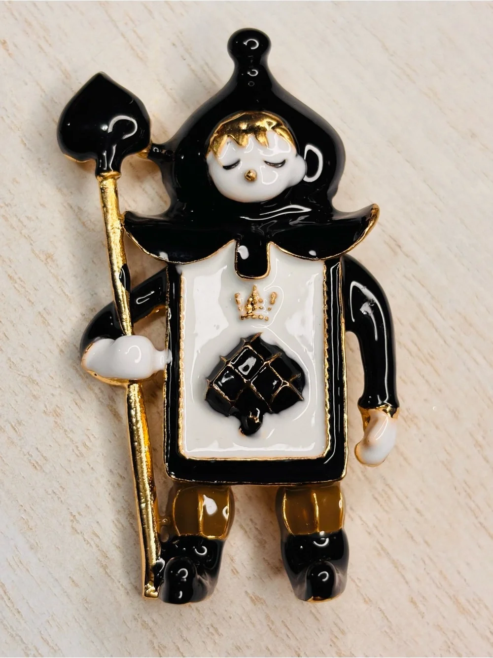 Alice in Wonderland Inspired Card Soldier Brooch Pin –Black & White Enamel Spade